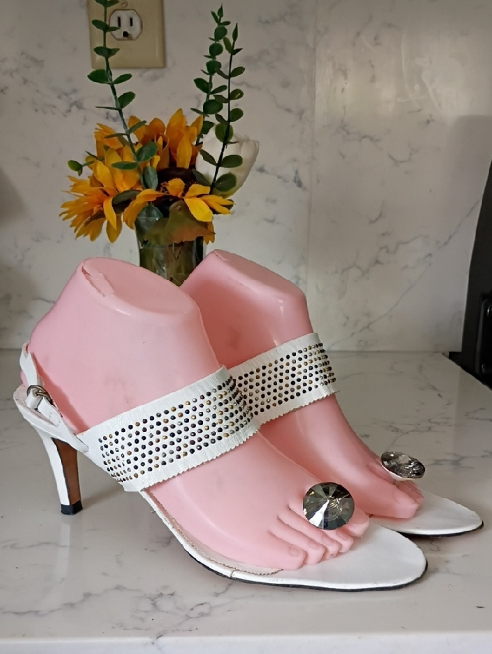 Pedro Garcia White Crystal-Studded Toe-Ring Heels